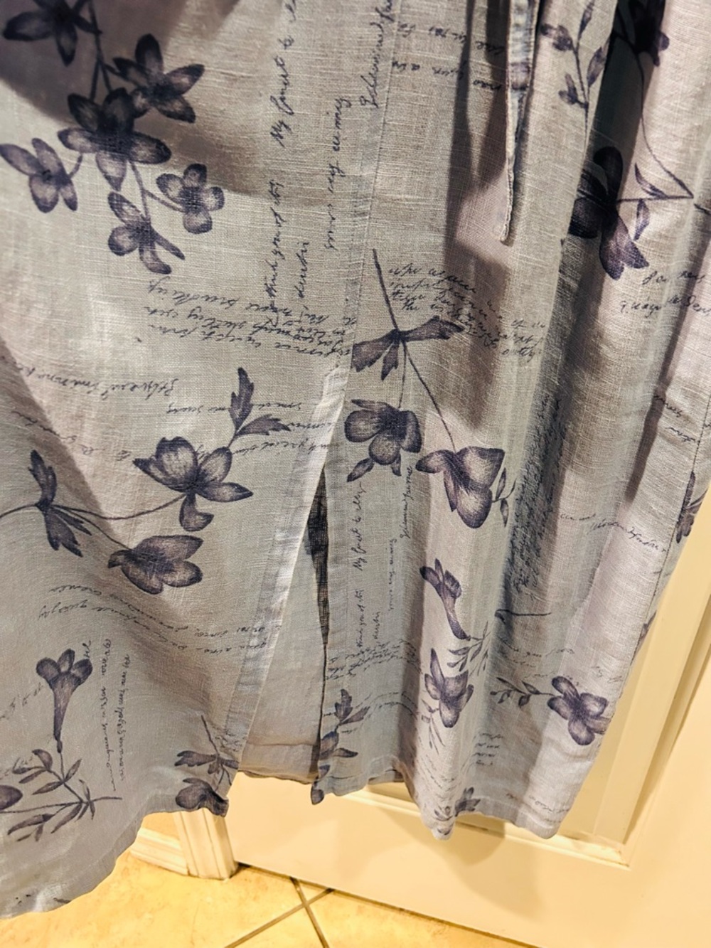 100% Linen Maxi Jumper Dress Light Blue Floral Scoop-Neck - Picture 7 of 9